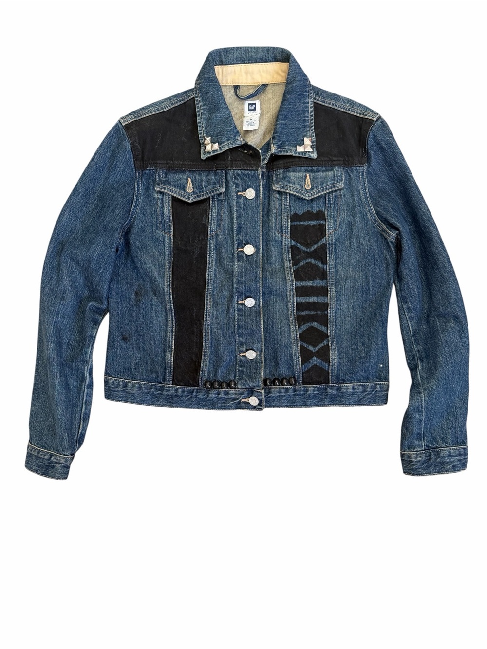 Hand-Painted Embellished and Studded Dark Blue Denim Gap Jacket with Patchwork